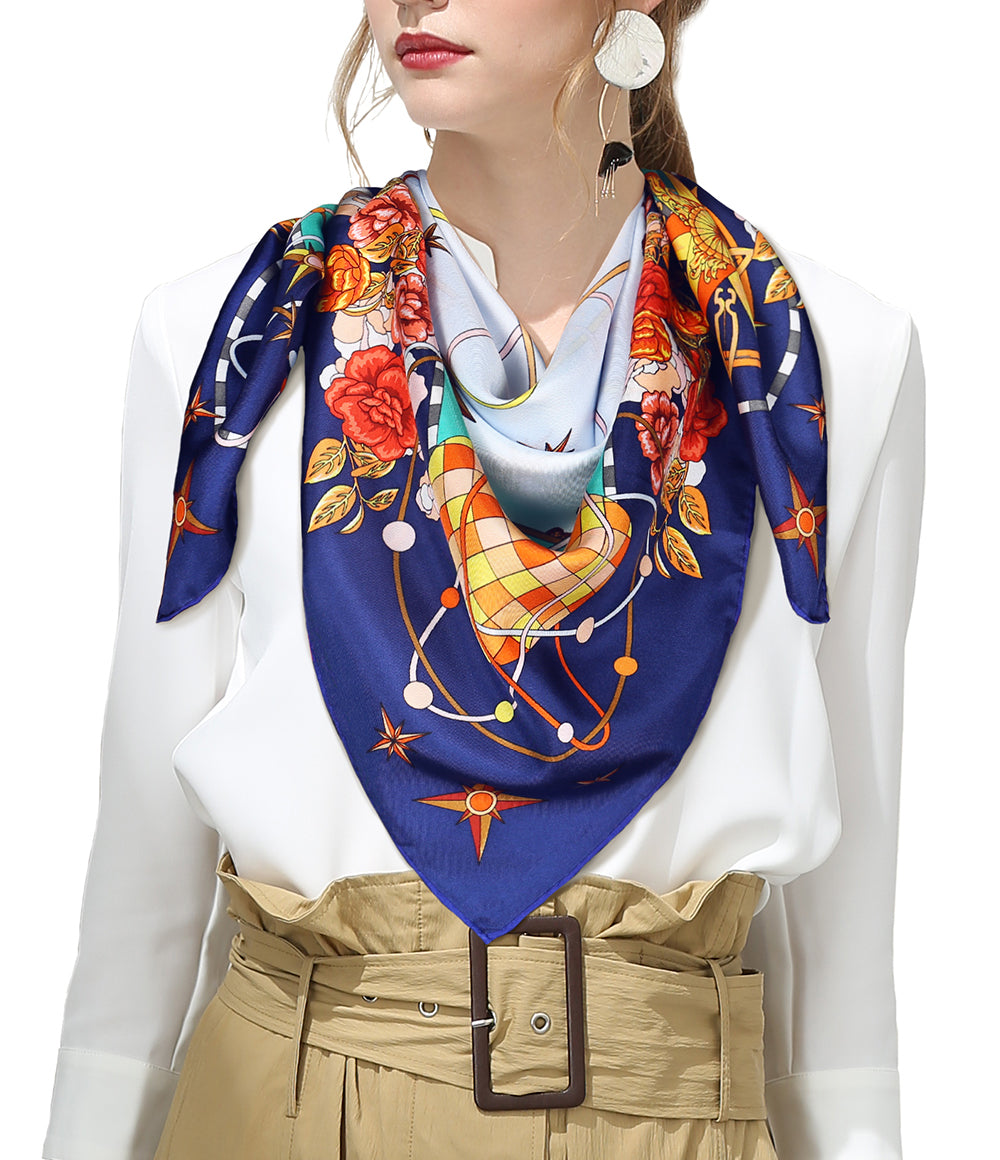Oscar Rossa 100% Silk Scarf with Hand-Rolled Edges, approximate 34"x34" to 35"x35" Large Square Printed Mulberry Silk Twill Scarf - OSCAR ROSSA