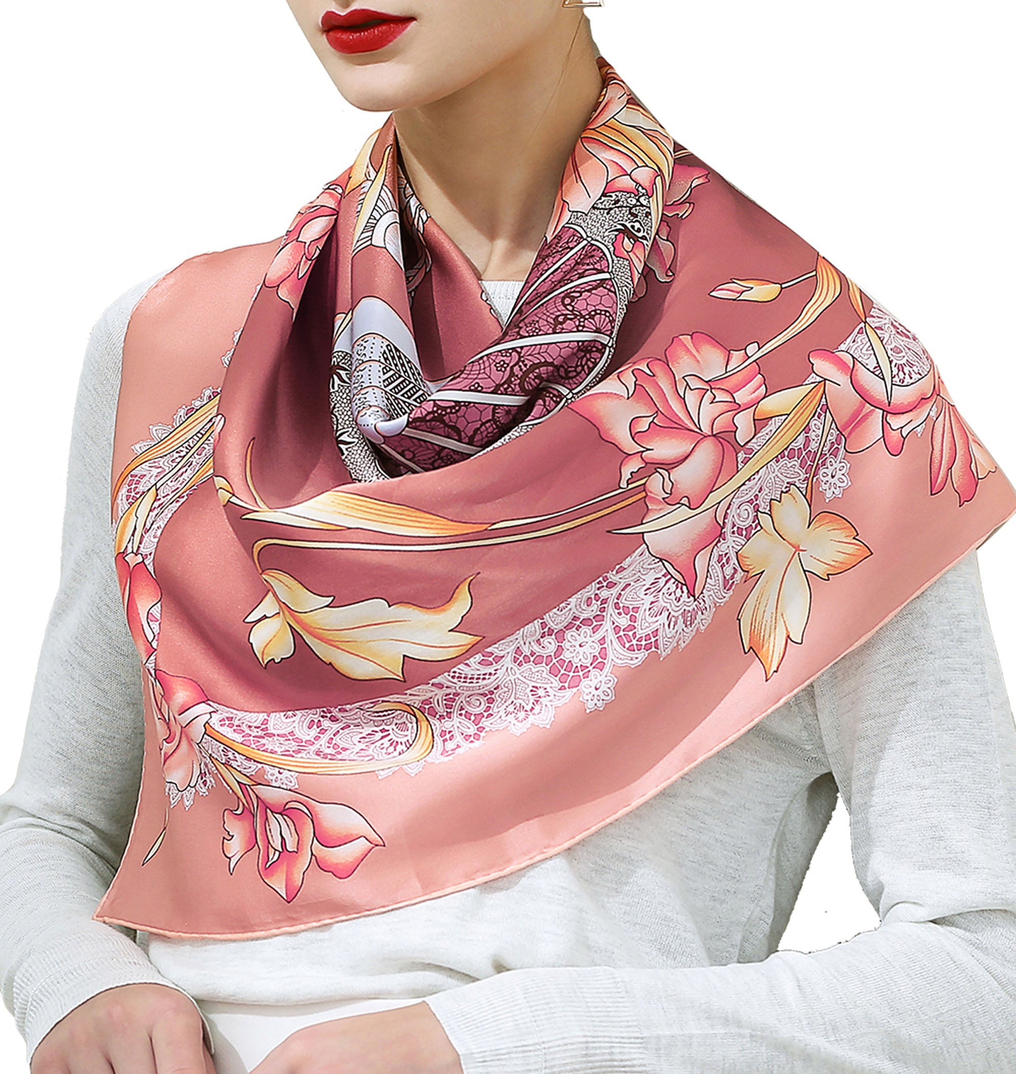 Hand-Rolled Oscar Rossa 100% Silk Scarf, approximate 35"x35" Large Square Printed Silk Charmeuse Scarf - OSCAR ROSSA