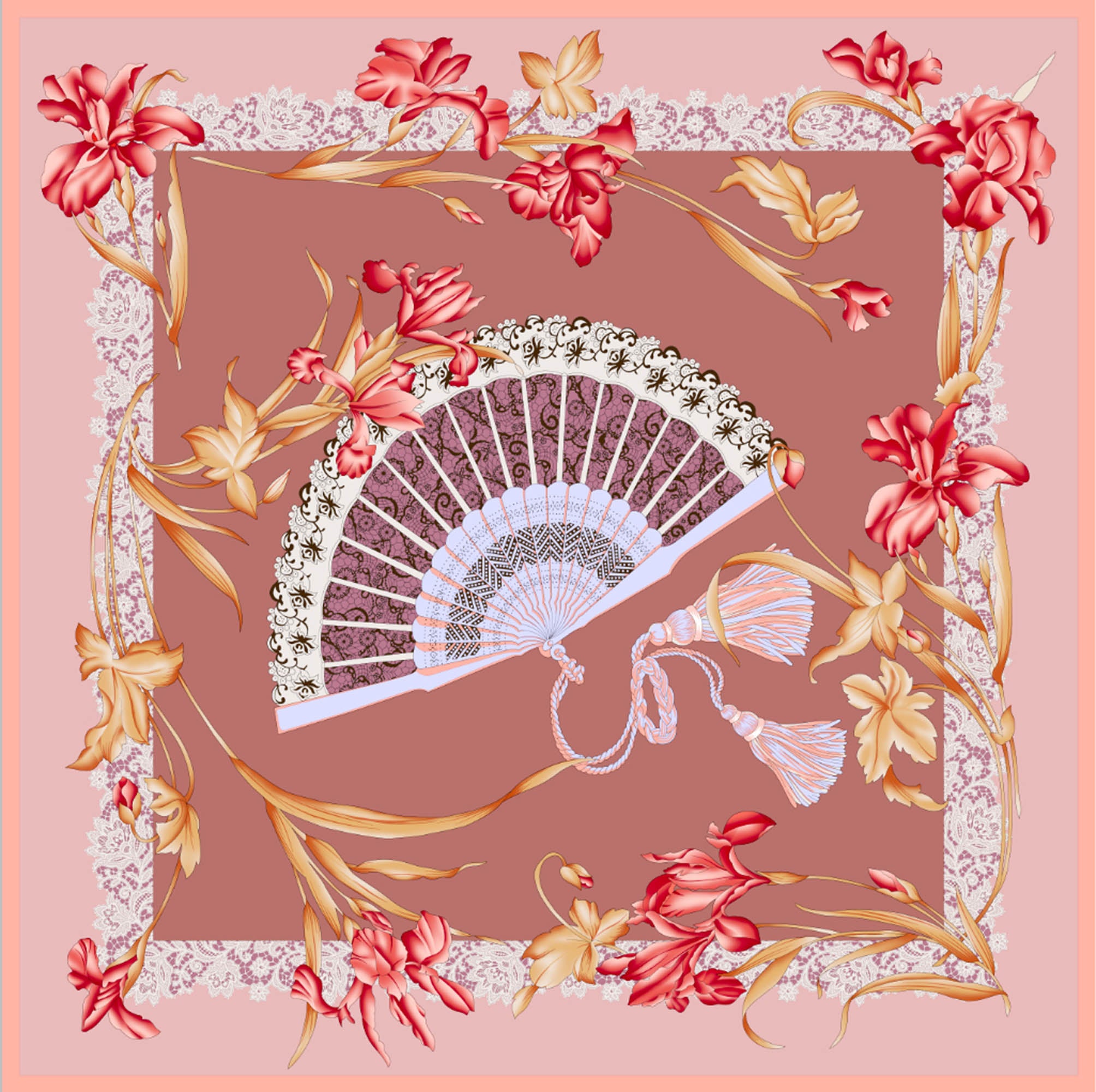 Hand-Rolled Oscar Rossa 100% Silk Scarf, approximate 35"x35" Large Square Printed Silk Charmeuse Scarf - OSCAR ROSSA