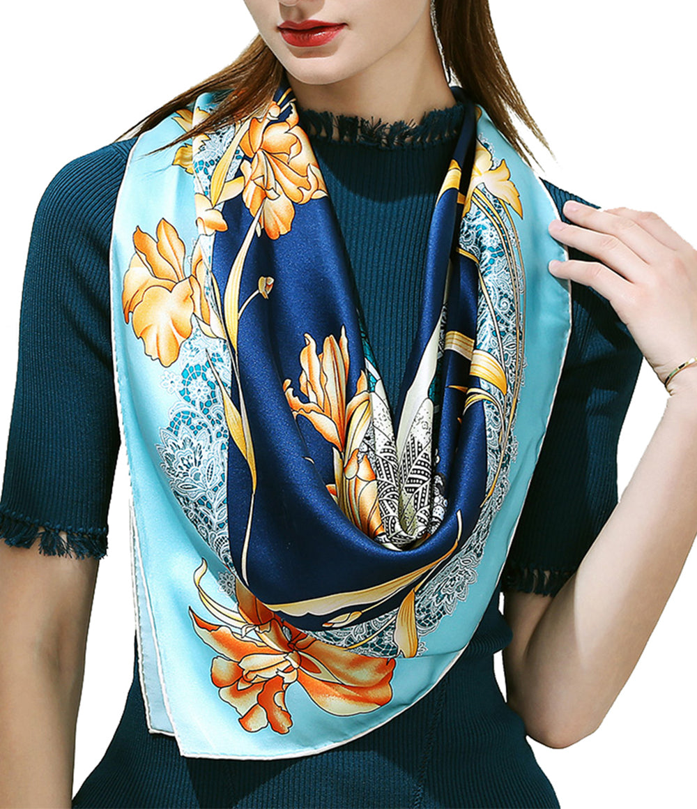 Hand-Rolled Oscar Rossa 100% Silk Scarf, approximate 35"x35" Large Square Printed Silk Charmeuse Scarf - OSCAR ROSSA