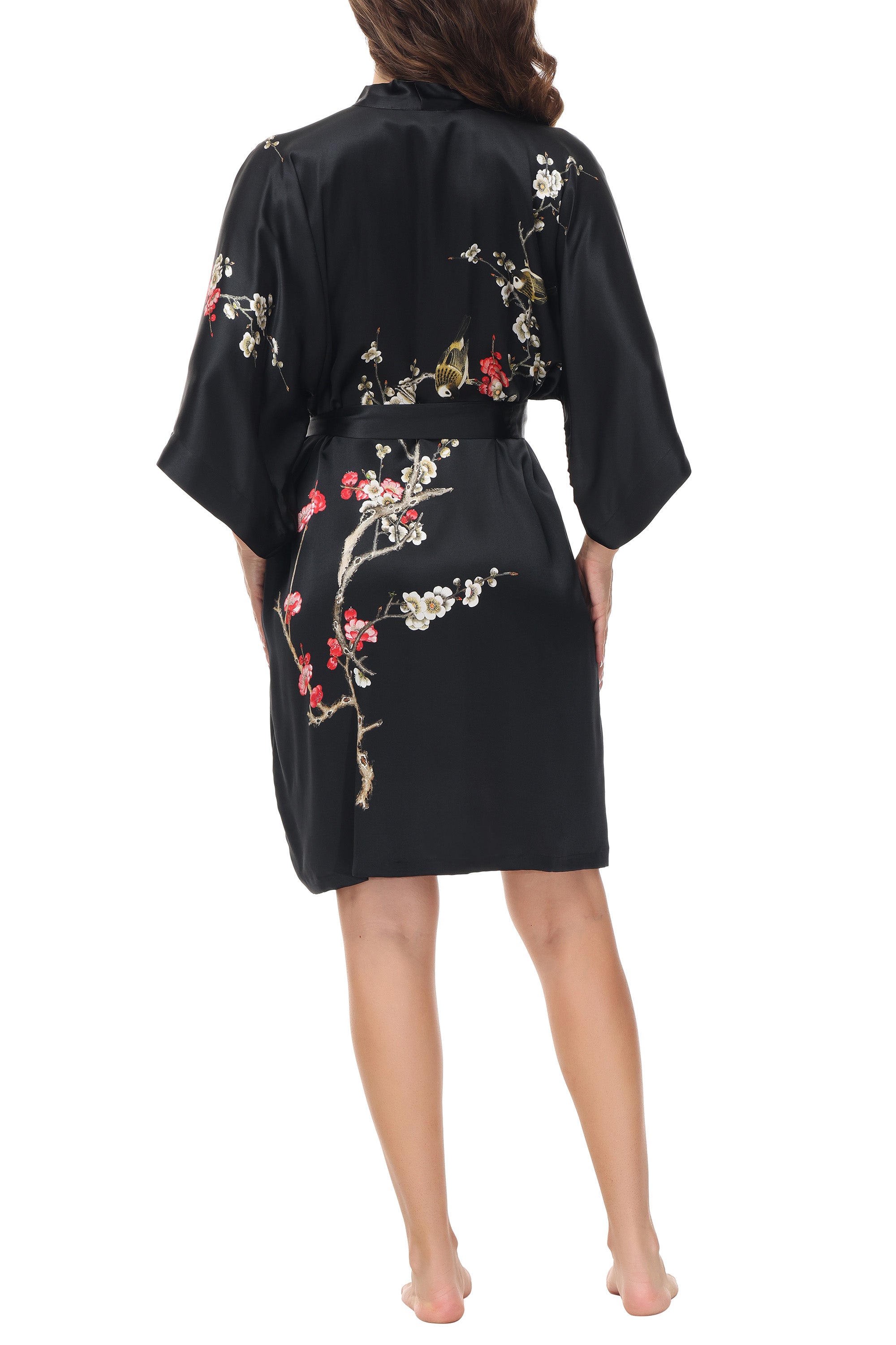 OSCAR ROSSA Women's  Silk Sleepwear 100% Silk Charmeuse Short Robe Kimono, Plum Blossom & Bird - OSCAR ROSSA