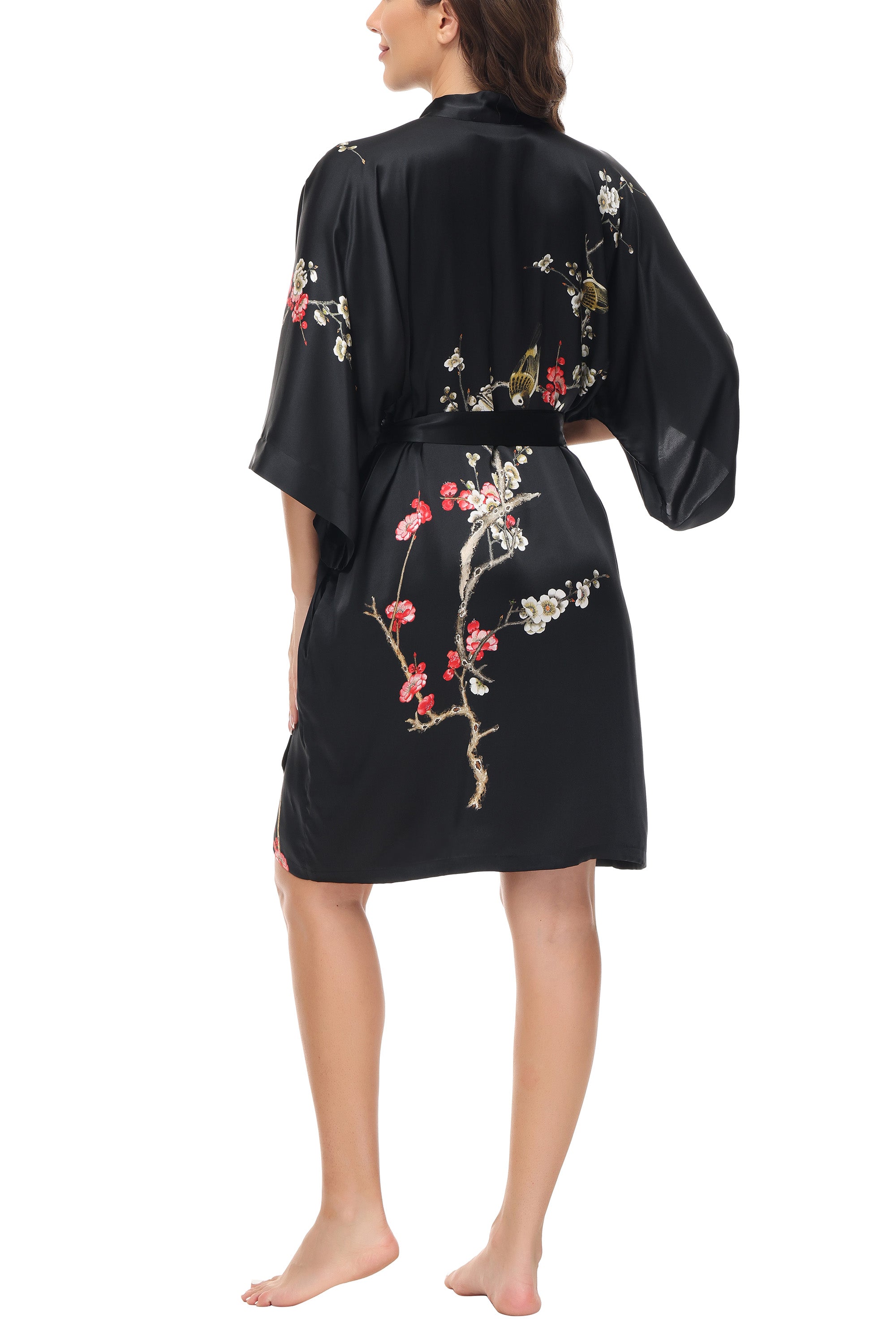 OSCAR ROSSA Women's  Silk Sleepwear 100% Silk Charmeuse Short Robe Kimono, Plum Blossom & Bird - OSCAR ROSSA