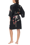 OSCAR ROSSA Women's  Silk Sleepwear 100% Silk Charmeuse Short Robe Kimono, Plum Blossom & Bird - OSCAR ROSSA