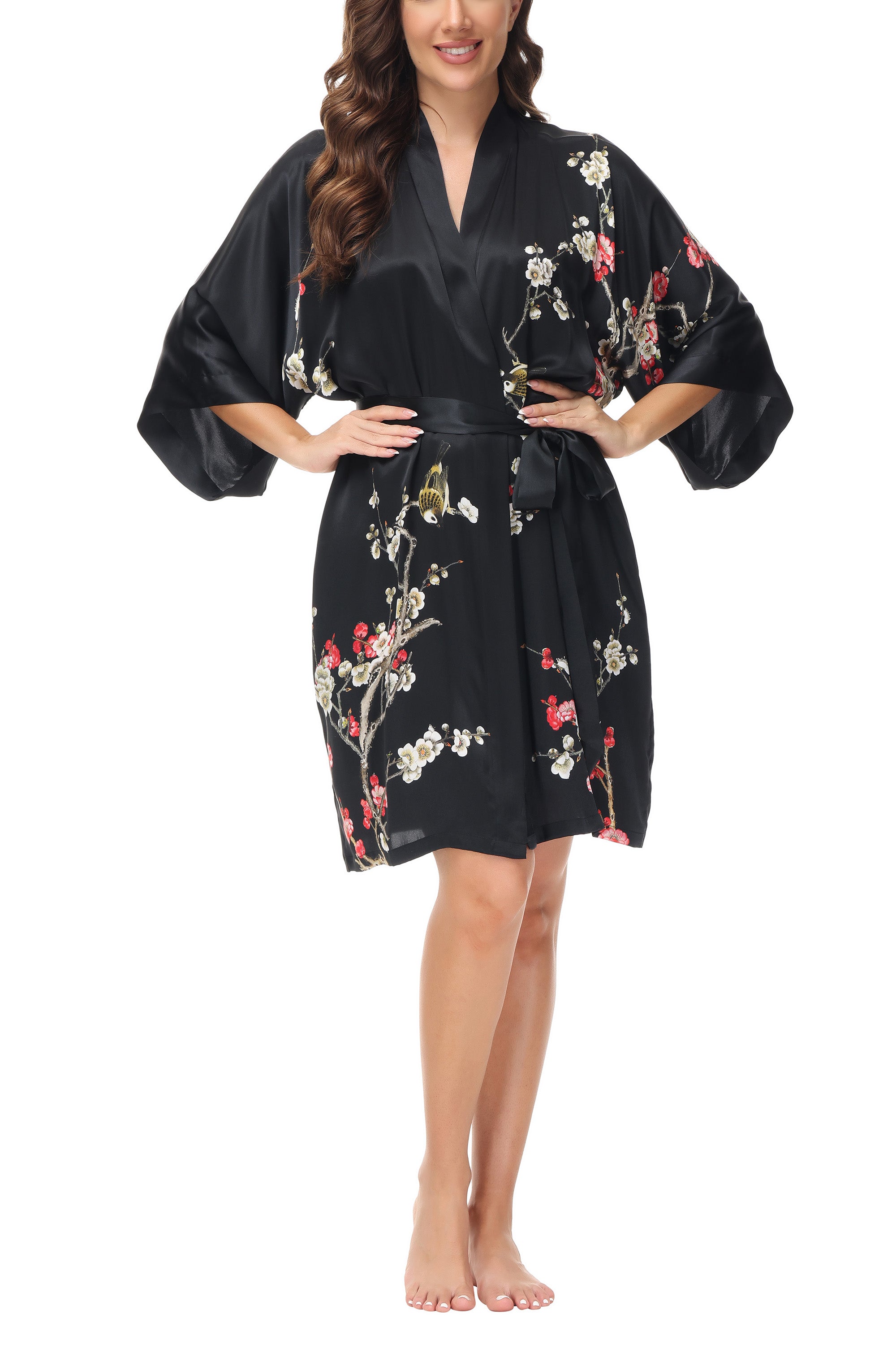 OSCAR ROSSA Women's  Silk Sleepwear 100% Silk Charmeuse Short Robe Kimono, Plum Blossom & Bird - OSCAR ROSSA