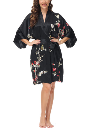 OSCAR ROSSA Women's  Silk Sleepwear 100% Silk Charmeuse Short Robe Kimono, Plum Blossom & Bird - OSCAR ROSSA