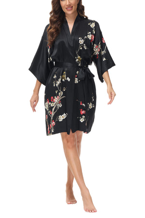 OSCAR ROSSA Women's  Silk Sleepwear 100% Silk Charmeuse Short Robe Kimono, Plum Blossom & Bird - OSCAR ROSSA