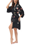 OSCAR ROSSA Women's  Silk Sleepwear 100% Silk Charmeuse Short Robe Kimono, Plum Blossom & Bird - OSCAR ROSSA