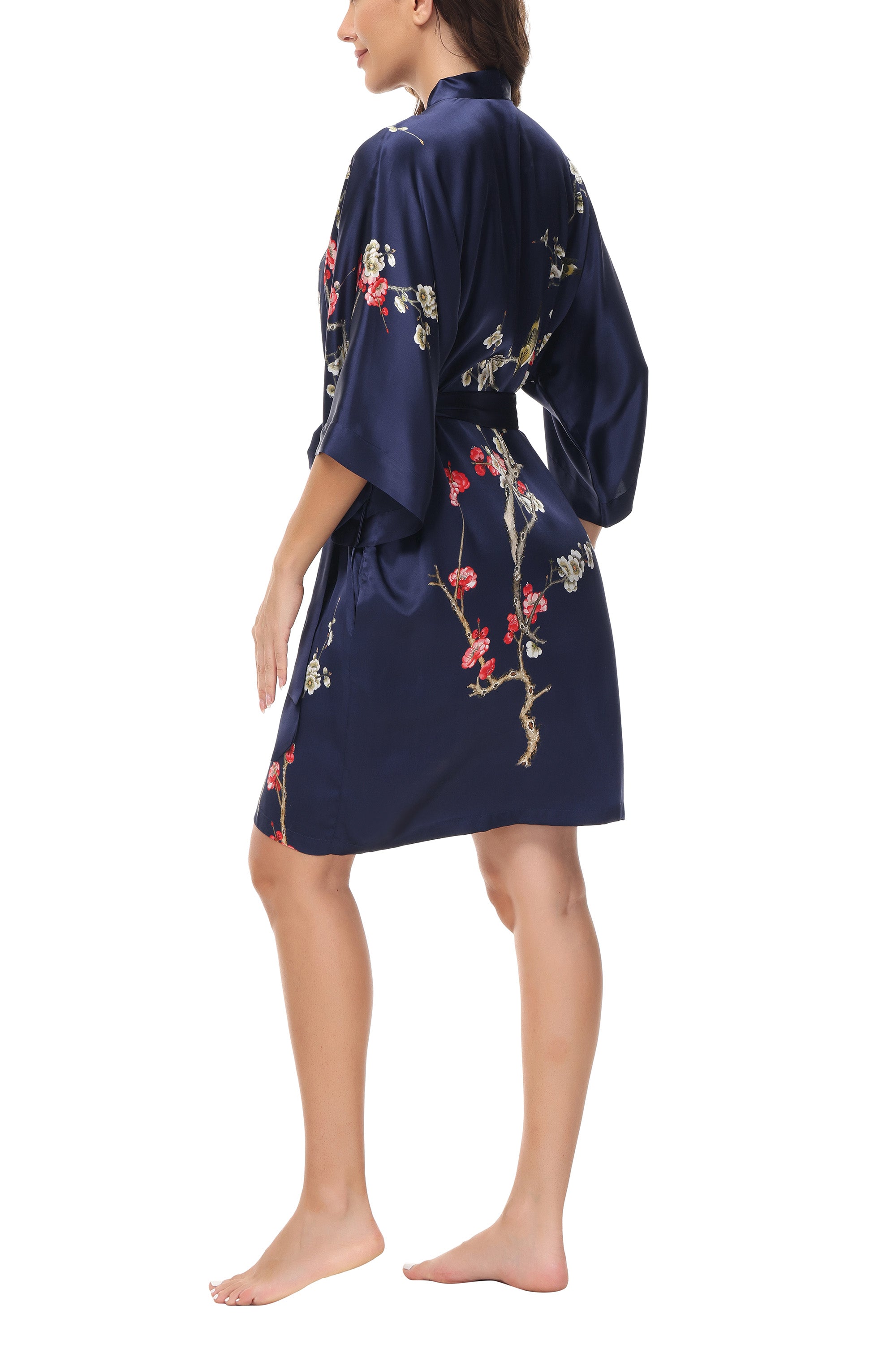 OSCAR ROSSA Women's  Silk Sleepwear 100% Silk Charmeuse Short Robe Kimono, Plum Blossom & Bird - OSCAR ROSSA