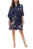 OSCAR ROSSA Women's  Silk Sleepwear 100% Silk Charmeuse Short Robe Kimono, Plum Blossom & Bird - OSCAR ROSSA