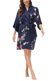 OSCAR ROSSA Women's  Silk Sleepwear 100% Silk Charmeuse Short Robe Kimono, Plum Blossom & Bird - OSCAR ROSSA