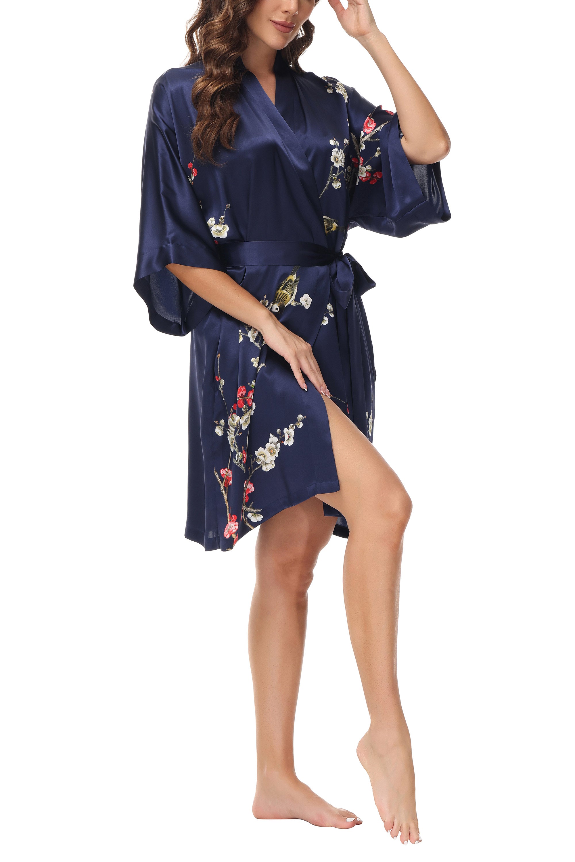 OSCAR ROSSA Women's  Silk Sleepwear 100% Silk Charmeuse Short Robe Kimono, Plum Blossom & Bird - OSCAR ROSSA