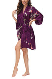 OSCAR ROSSA Women's  Silk Sleepwear 100% Silk Charmeuse Short Robe Kimono, Plum Blossom & Bird - OSCAR ROSSA