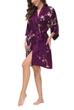 OSCAR ROSSA Women's  Silk Sleepwear 100% Silk Charmeuse Short Robe Kimono, Plum Blossom & Bird - OSCAR ROSSA