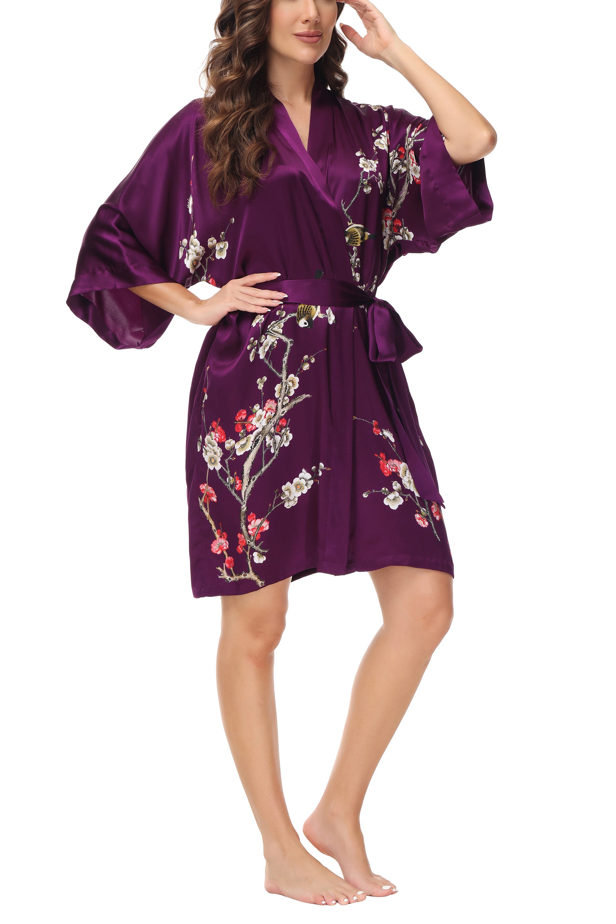OSCAR ROSSA Women's  Silk Sleepwear 100% Silk Charmeuse Short Robe Kimono, Plum Blossom & Bird - OSCAR ROSSA