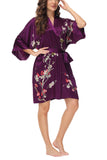 OSCAR ROSSA Women's  Silk Sleepwear 100% Silk Charmeuse Short Robe Kimono, Plum Blossom & Bird - OSCAR ROSSA