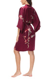 OSCAR ROSSA Women's  Silk Sleepwear 100% Silk Charmeuse Short Robe Kimono, Plum Blossom & Bird - OSCAR ROSSA