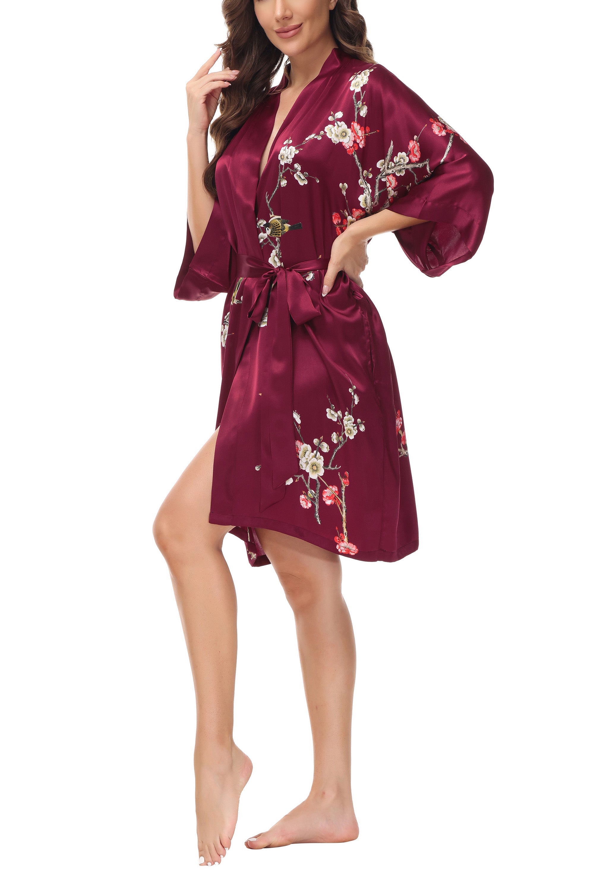OSCAR ROSSA Women's  Silk Sleepwear 100% Silk Charmeuse Short Robe Kimono, Plum Blossom & Bird - OSCAR ROSSA