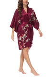 OSCAR ROSSA Women's  Silk Sleepwear 100% Silk Charmeuse Short Robe Kimono, Plum Blossom & Bird - OSCAR ROSSA