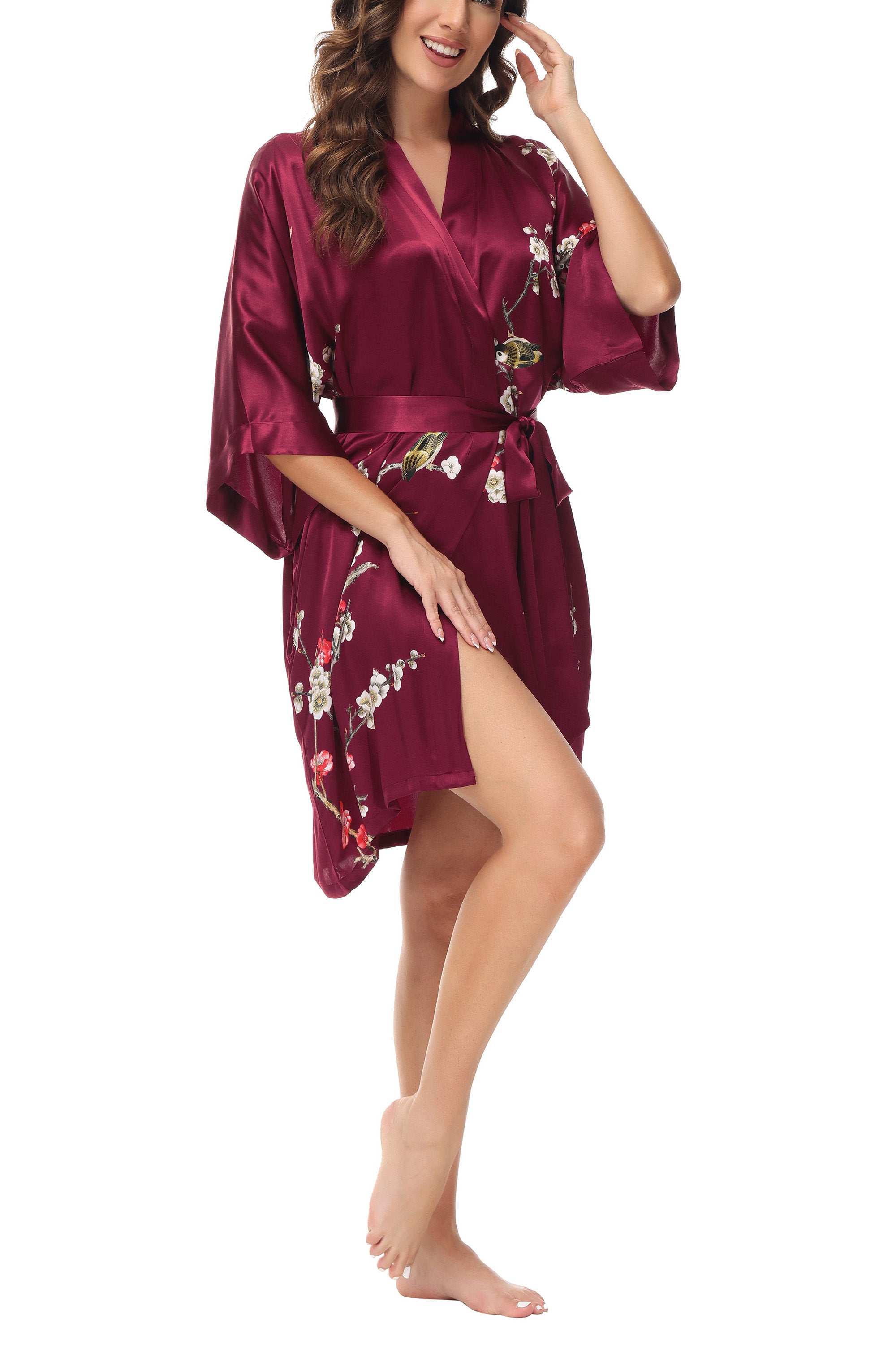 OSCAR ROSSA Women's  Silk Sleepwear 100% Silk Charmeuse Short Robe Kimono, Plum Blossom & Bird - OSCAR ROSSA