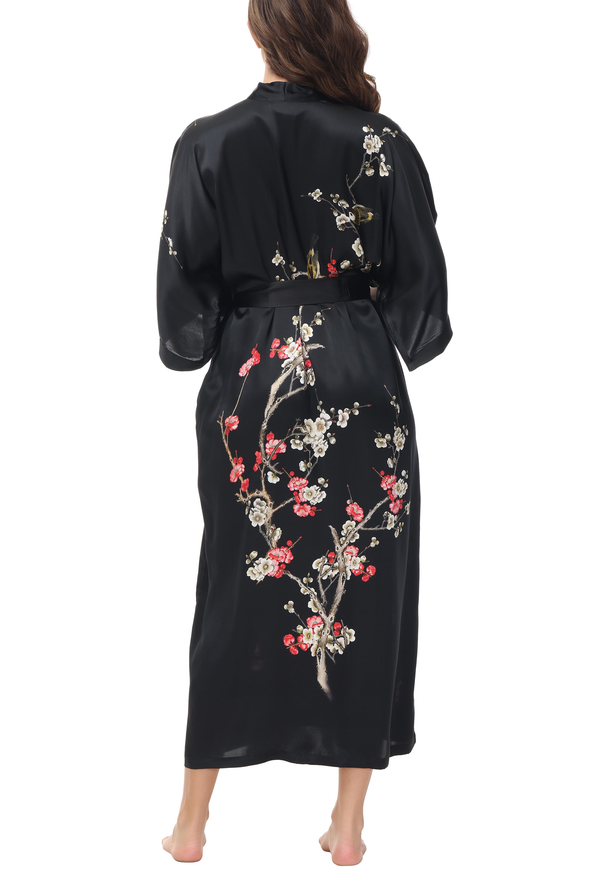 OSCAR ROSSA Women's Silk Sleepwear 100% Silk Charmeuse Long Robe Kimono, Plum Blossom & Bird - OSCAR ROSSA