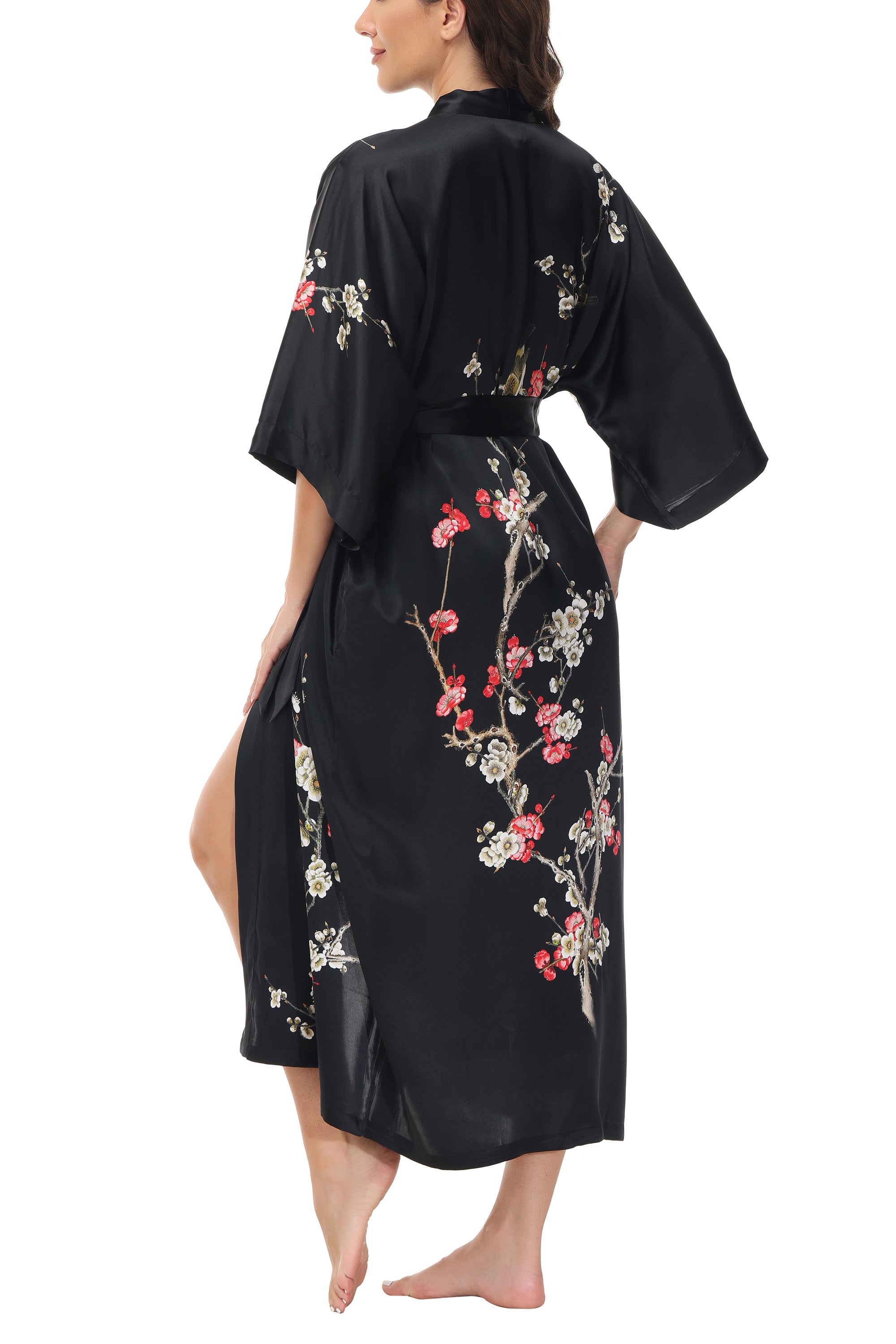OSCAR ROSSA Women's Silk Sleepwear 100% Silk Charmeuse Long Robe Kimono, Plum Blossom & Bird - OSCAR ROSSA