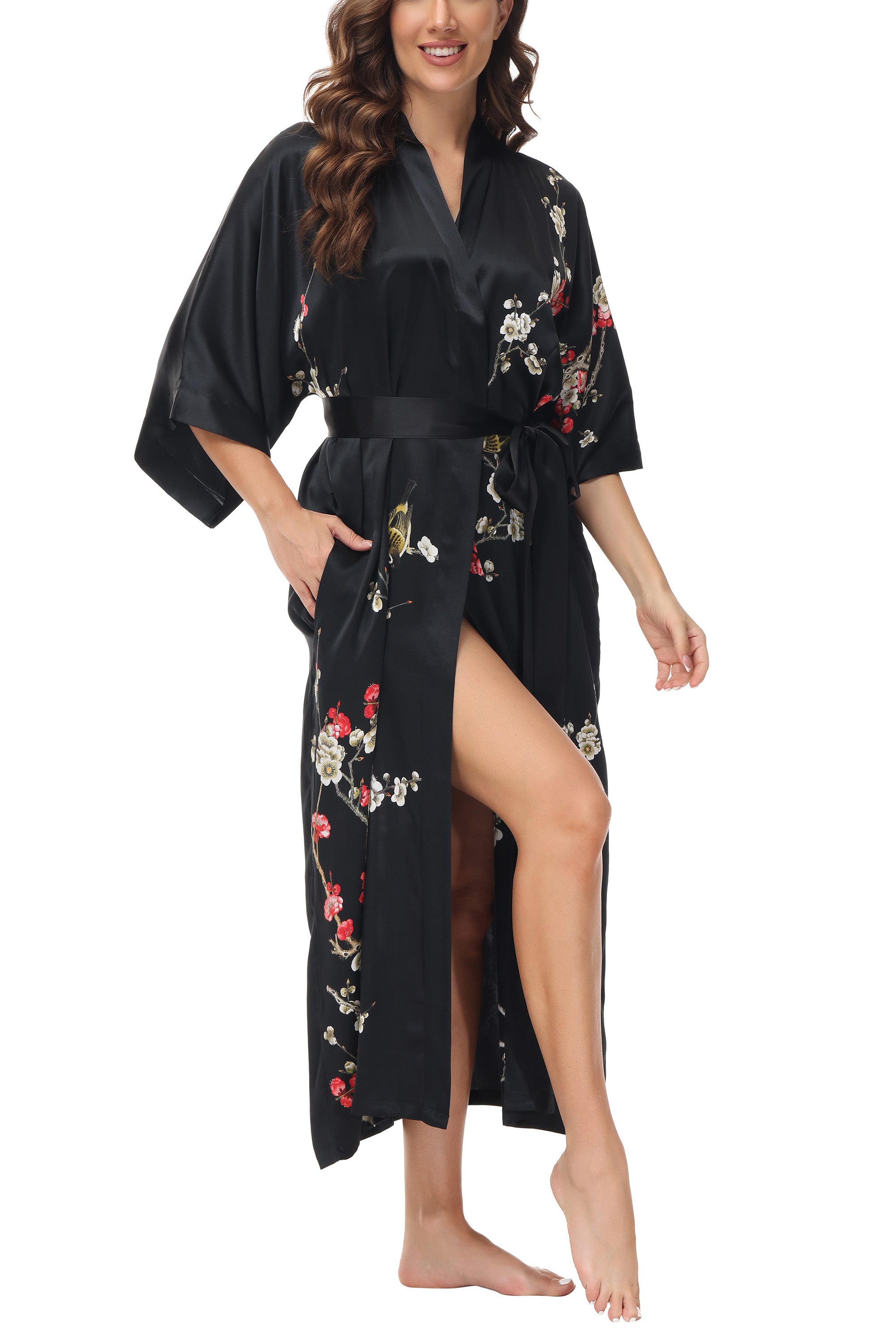 OSCAR ROSSA Women's Silk Sleepwear 100% Silk Charmeuse Long Robe Kimono, Plum Blossom & Bird - OSCAR ROSSA