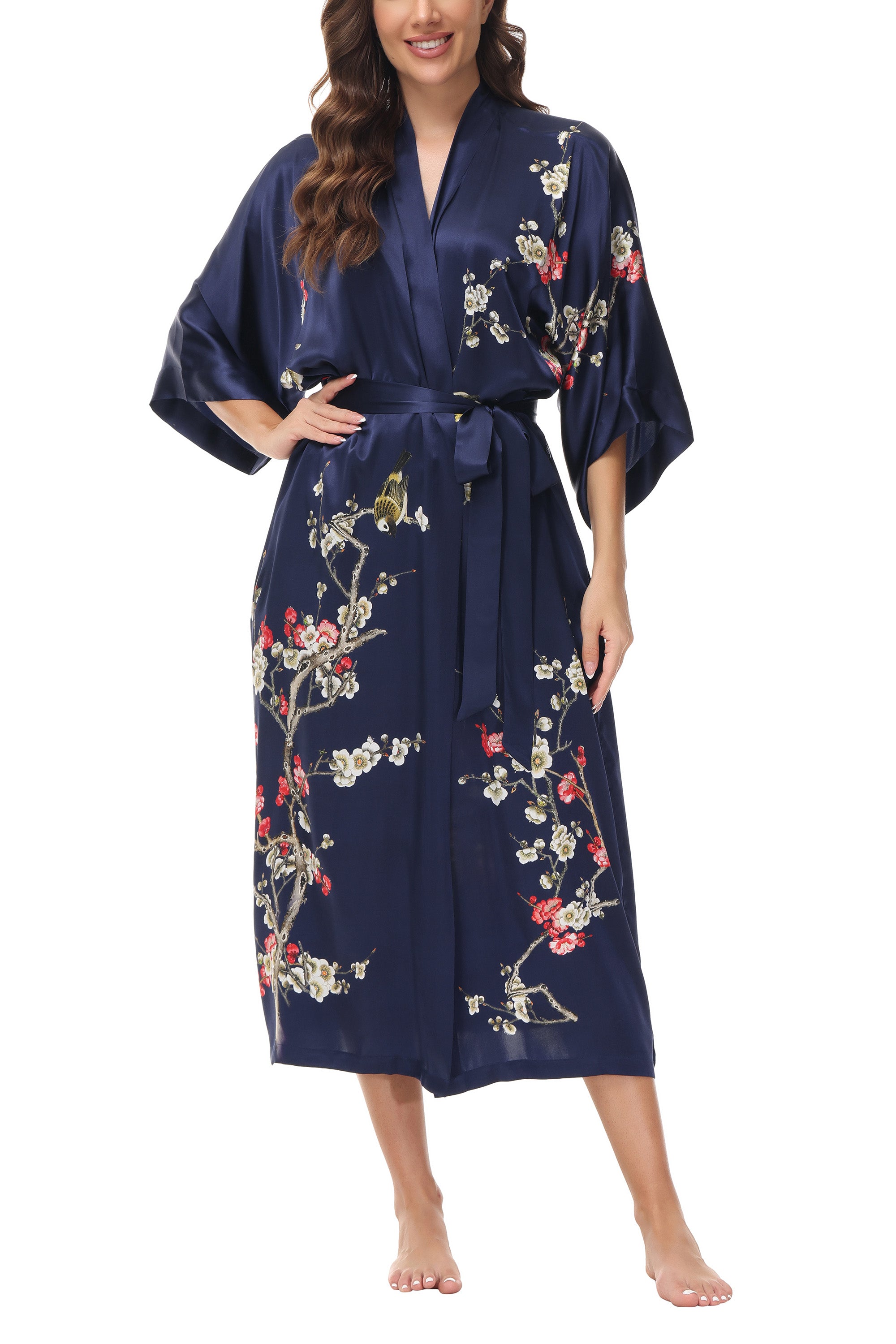 OSCAR ROSSA Women's Silk Sleepwear 100% Silk Charmeuse Long Robe Kimono, Plum Blossom & Bird - OSCAR ROSSA