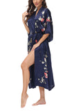 OSCAR ROSSA Women's Silk Sleepwear 100% Silk Charmeuse Long Robe Kimono, Plum Blossom & Bird