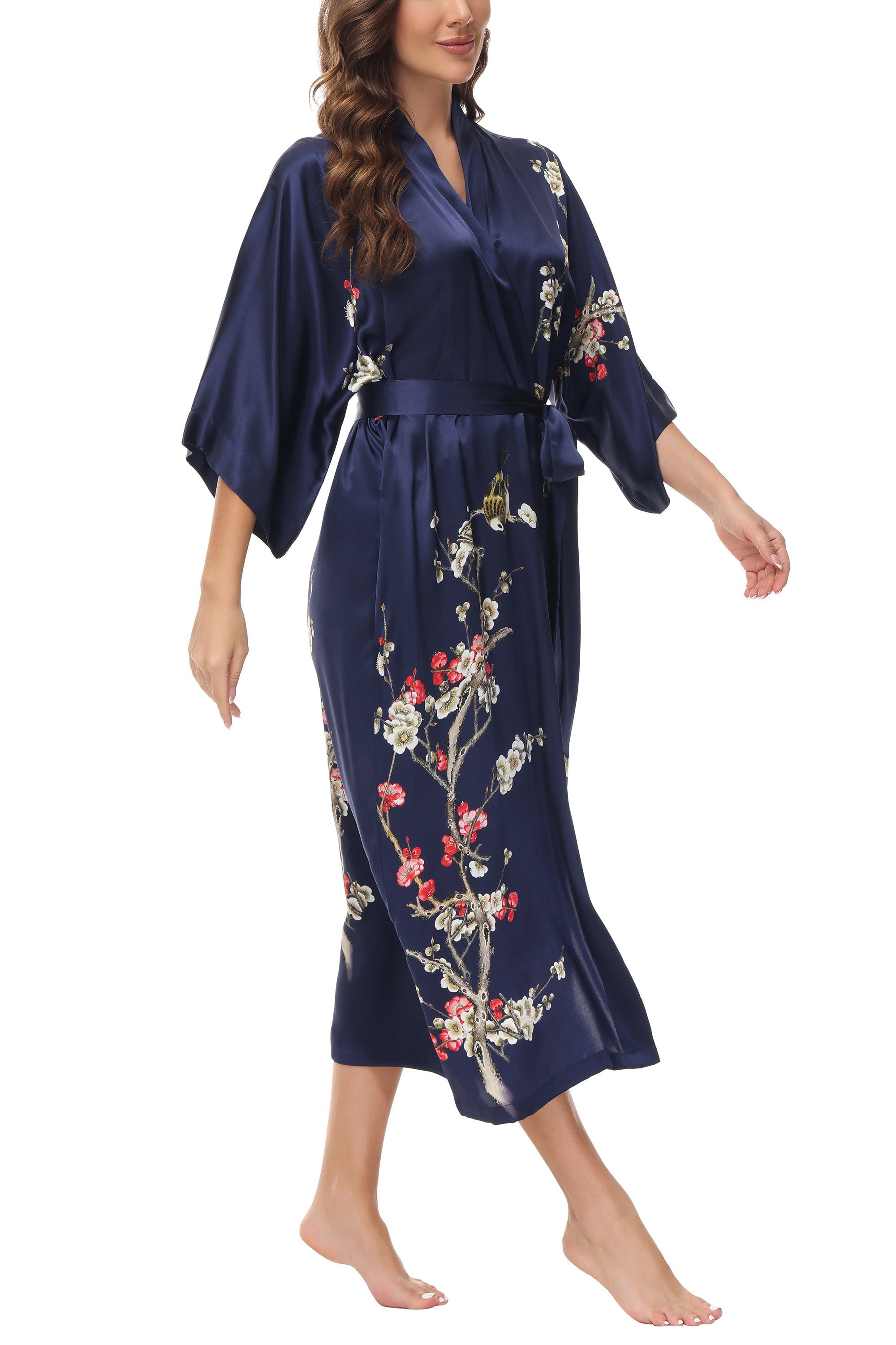 OSCAR ROSSA Women's Silk Sleepwear 100% Silk Charmeuse Long Robe Kimono, Plum Blossom & Bird - OSCAR ROSSA