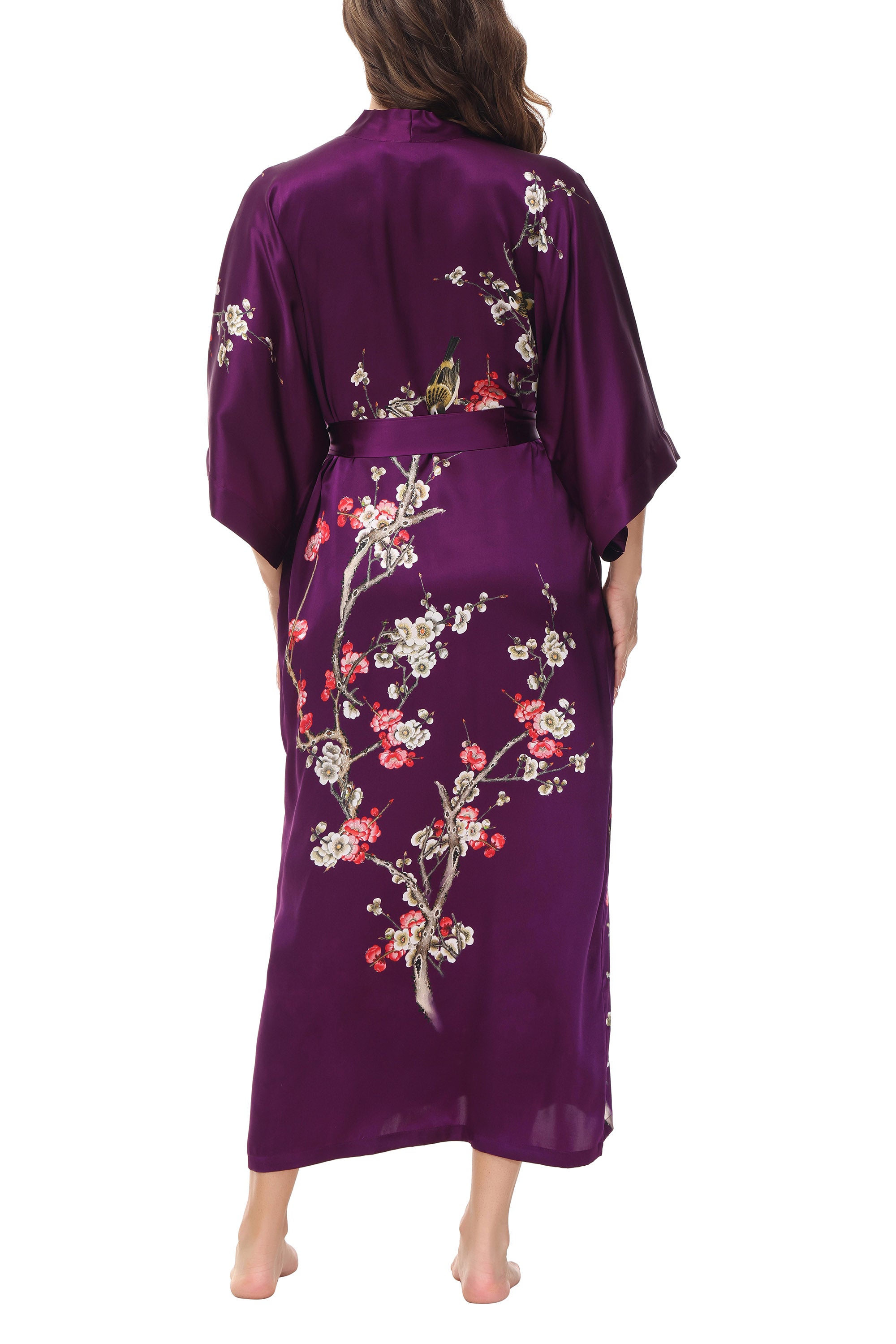 OSCAR ROSSA Women's Silk Sleepwear 100% Silk Charmeuse Long Robe Kimono, Plum Blossom & Bird - OSCAR ROSSA