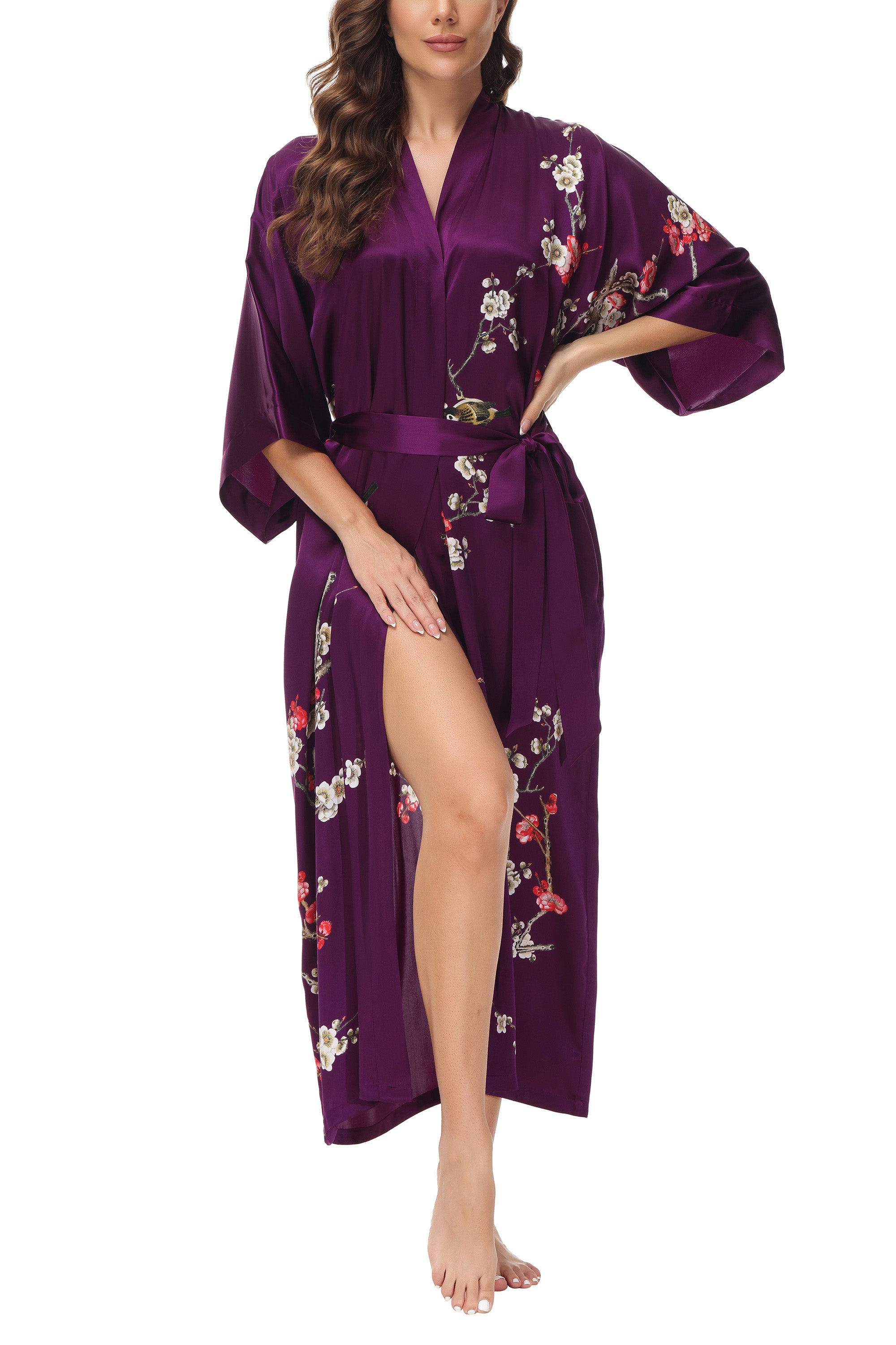 OSCAR ROSSA Women's Silk Sleepwear 100% Silk Charmeuse Long Robe Kimono, Plum Blossom & Bird - OSCAR ROSSA