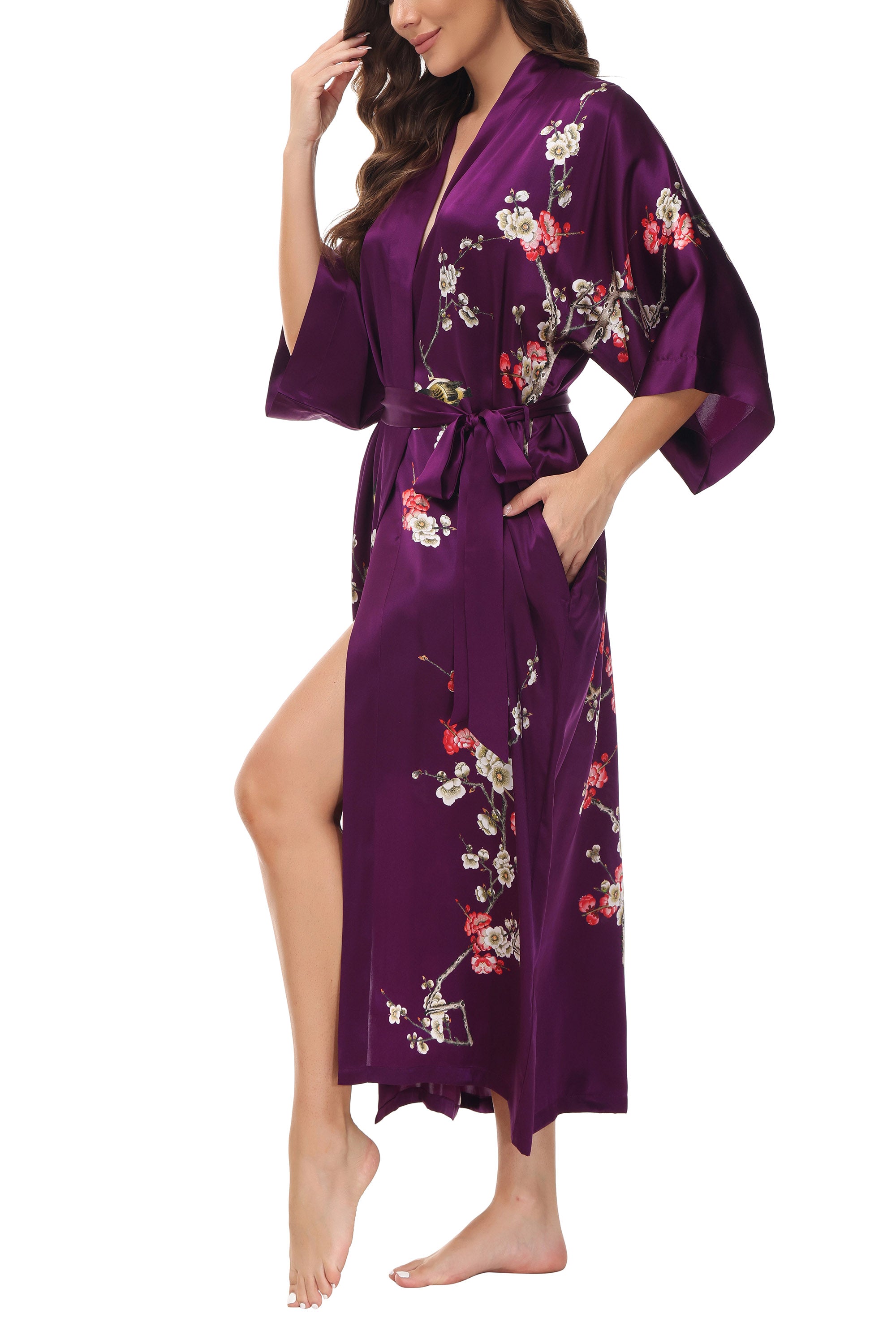OSCAR ROSSA Women's Silk Sleepwear 100% Silk Charmeuse Long Robe Kimono, Plum Blossom & Bird - OSCAR ROSSA