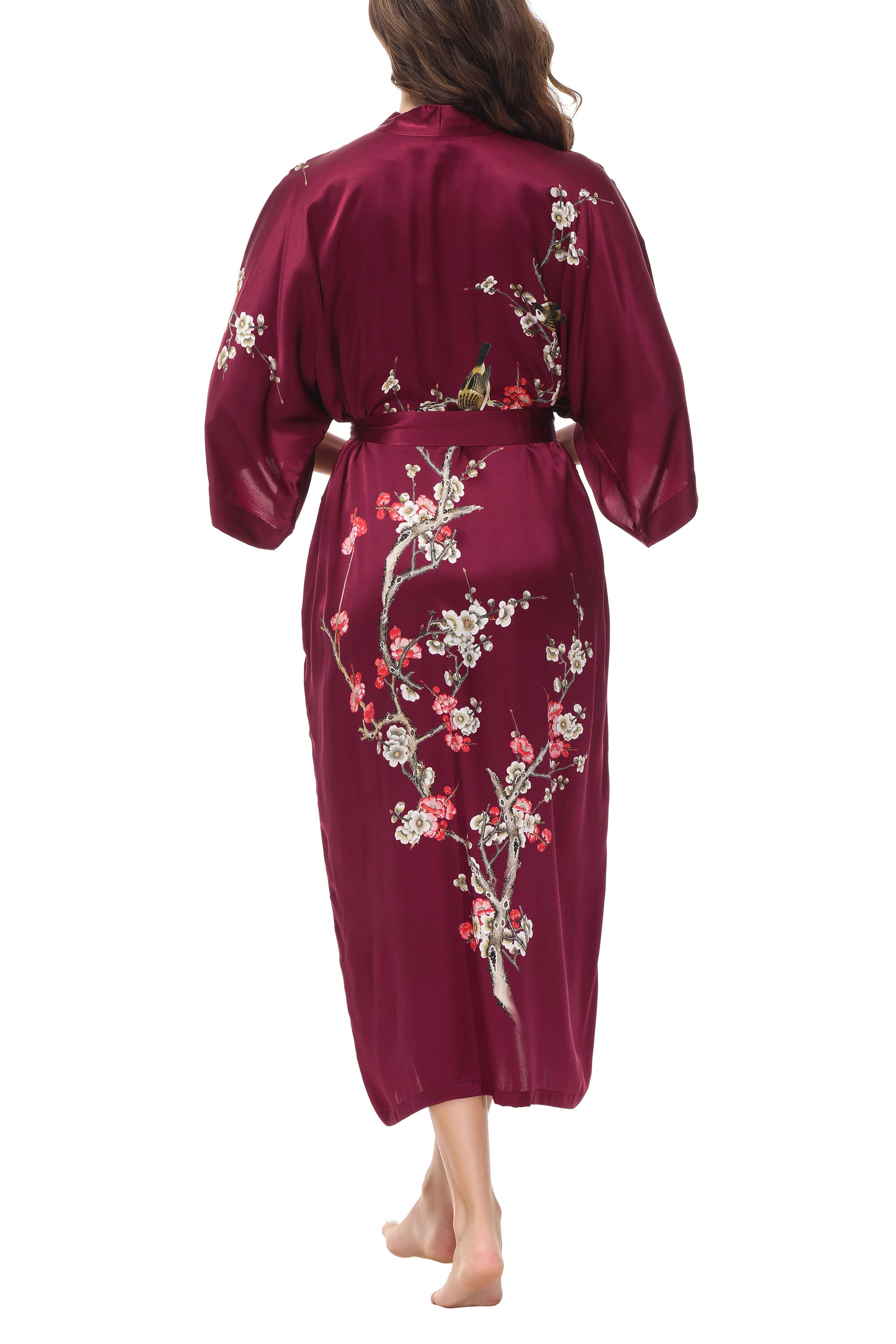 OSCAR ROSSA Women's Silk Sleepwear 100% Silk Charmeuse Long Robe Kimono, Plum Blossom & Bird - OSCAR ROSSA