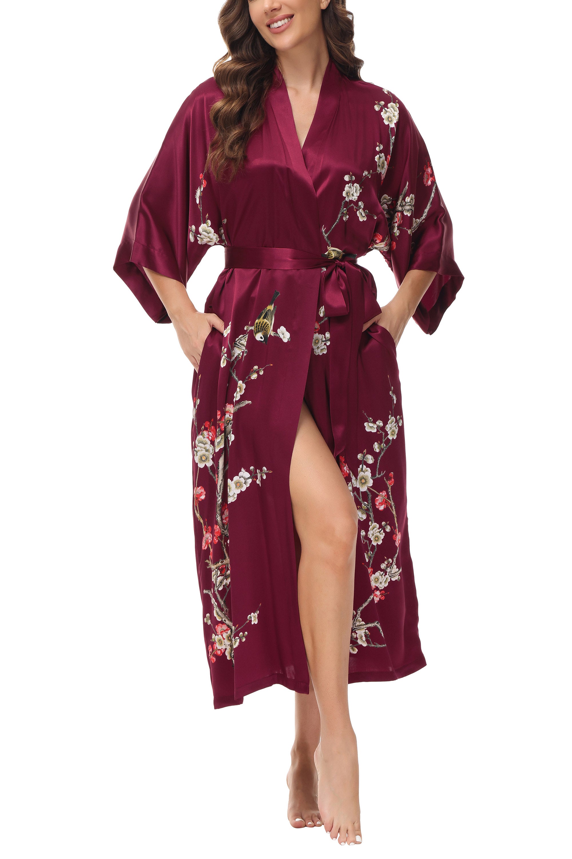 OSCAR ROSSA Women's Silk Sleepwear 100% Silk Charmeuse Long Robe Kimono, Plum Blossom & Bird - OSCAR ROSSA