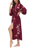 OSCAR ROSSA Women's Silk Sleepwear 100% Silk Charmeuse Long Robe Kimono, Plum Blossom & Bird