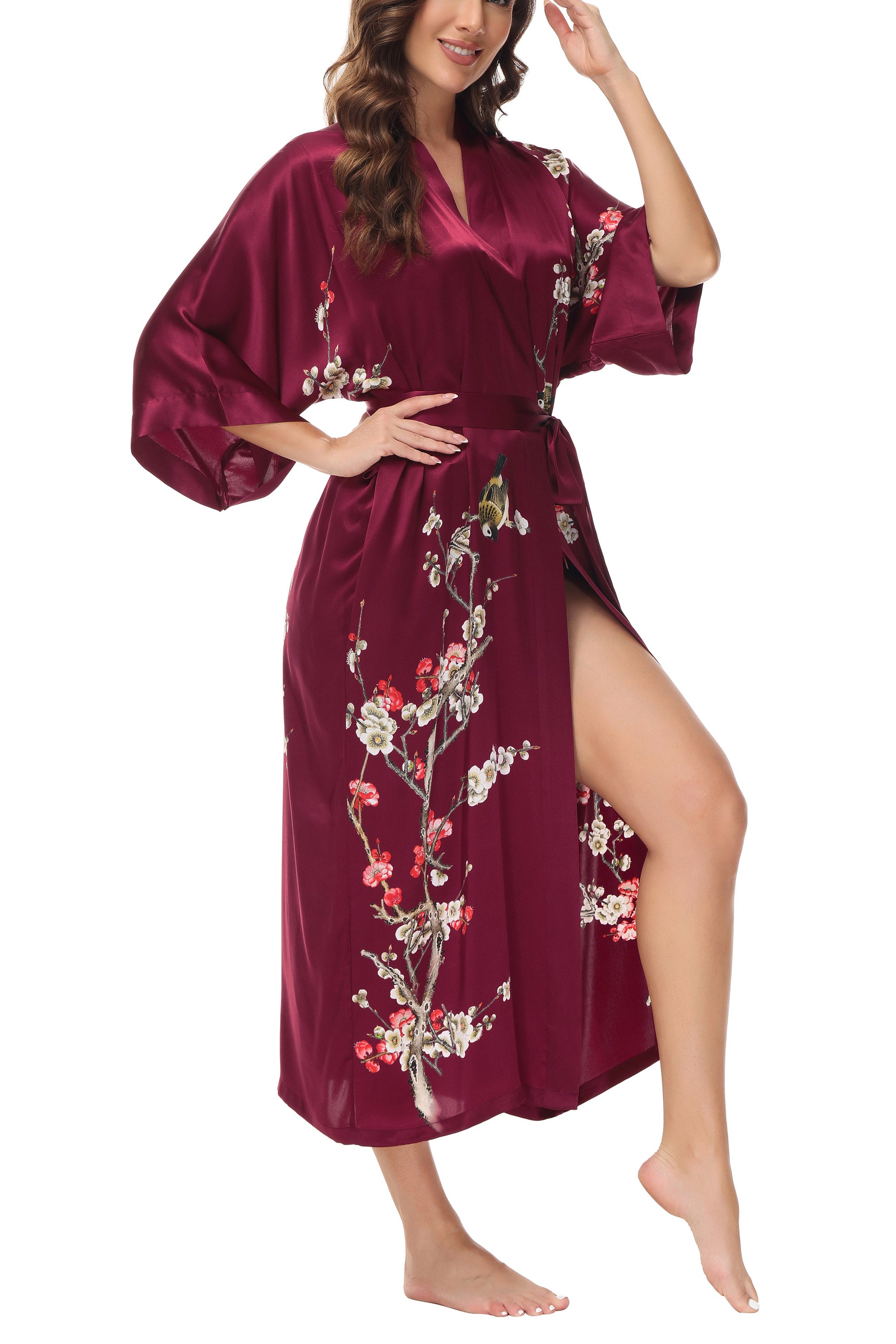 OSCAR ROSSA Women's Silk Sleepwear 100% Silk Charmeuse Long Robe Kimono, Plum Blossom & Bird - OSCAR ROSSA