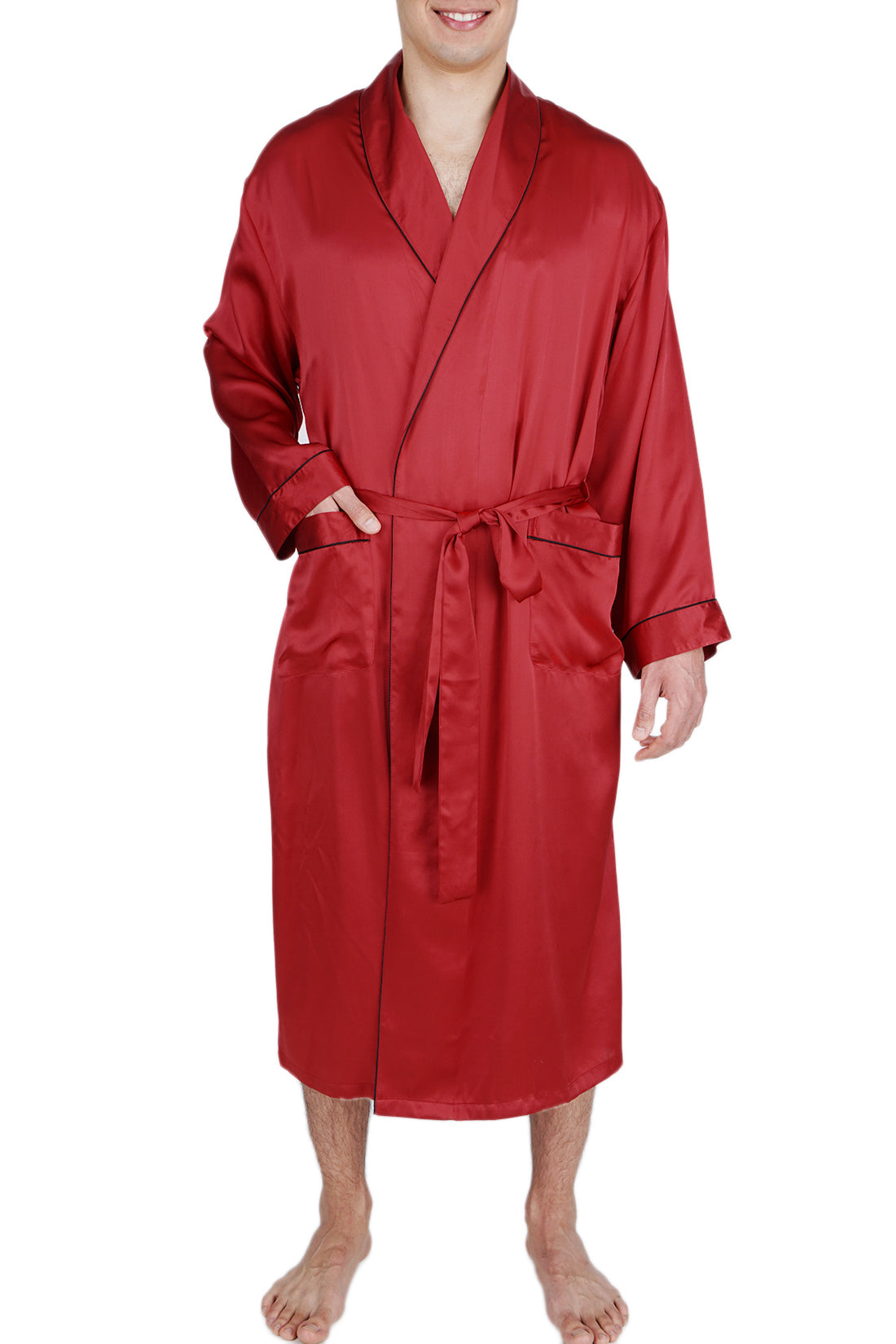 Men s Silk Sleepwear 100 Silk Long Robe Black Solid L XL