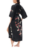 OSCAR ROSSA Women's Silk Sleepwear 100% Silk Charmeuse Long Robe Kimono, Plum Blossom & Bird