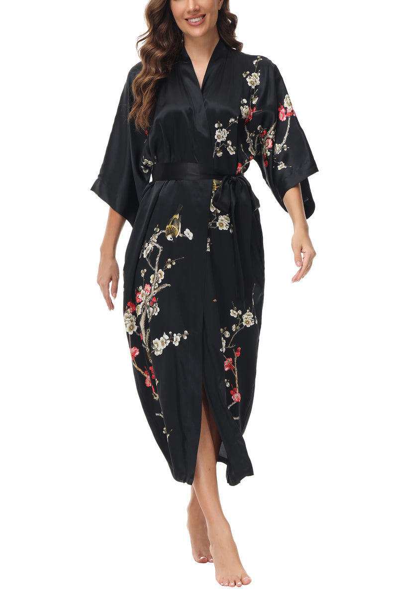 OSCAR ROSSA Women's Silk Sleepwear 100% Silk Charmeuse Long Robe Kimono, Plum Blossom & Bird - OSCAR ROSSA