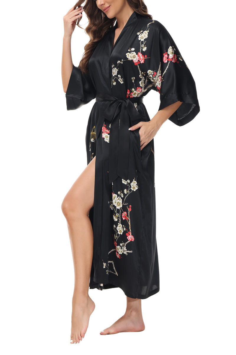 OSCAR ROSSA Women's Silk Sleepwear 100% Silk Charmeuse Long Robe Kimono, Plum Blossom & Bird - OSCAR ROSSA