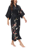 OSCAR ROSSA Women's Silk Sleepwear 100% Silk Charmeuse Long Robe Kimono, Plum Blossom & Bird