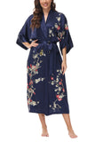 OSCAR ROSSA Women's Silk Sleepwear 100% Silk Charmeuse Long Robe Kimono, Plum Blossom & Bird