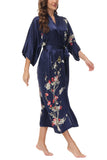 OSCAR ROSSA Women's Silk Sleepwear 100% Silk Charmeuse Long Robe Kimono, Plum Blossom & Bird - OSCAR ROSSA