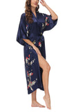 OSCAR ROSSA Women's Silk Sleepwear 100% Silk Charmeuse Long Robe Kimono, Plum Blossom & Bird