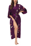 OSCAR ROSSA Women's Silk Sleepwear 100% Silk Charmeuse Long Robe Kimono, Plum Blossom & Bird