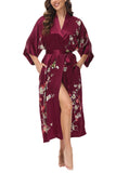 OSCAR ROSSA Women's Silk Sleepwear 100% Silk Charmeuse Long Robe Kimono, Plum Blossom & Bird