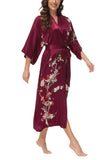 OSCAR ROSSA Women's Silk Sleepwear 100% Silk Charmeuse Long Robe Kimono, Plum Blossom & Bird