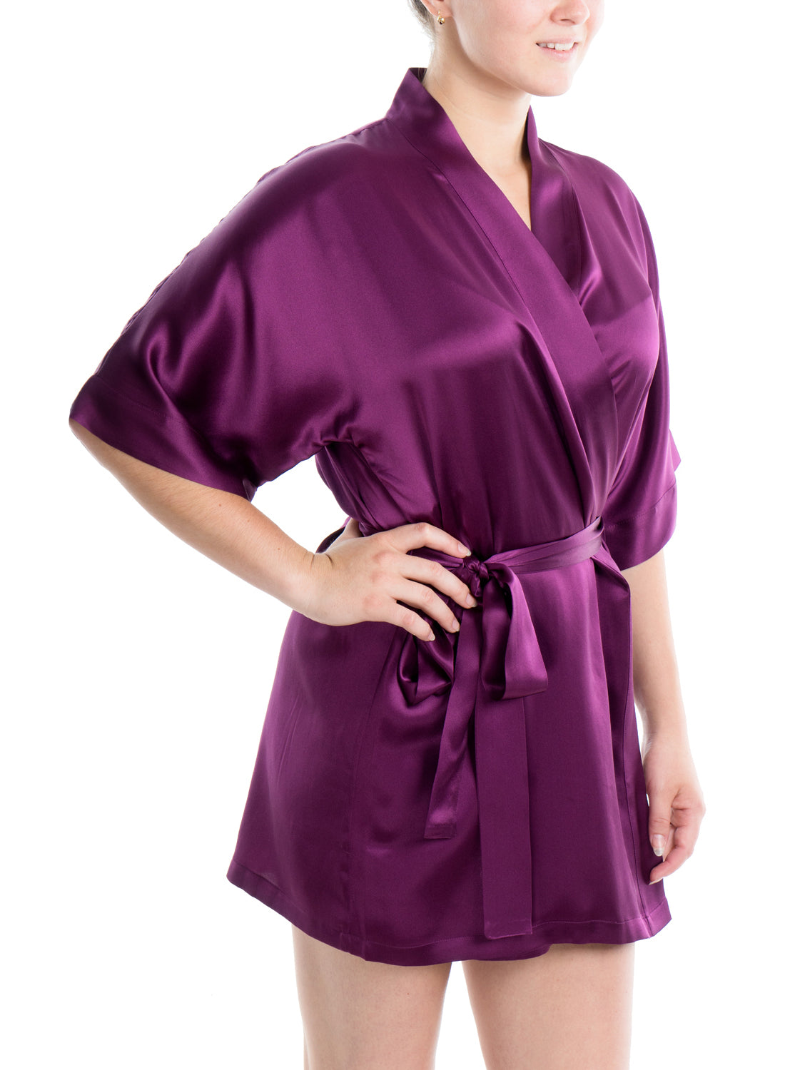 Women's Silk Sleepwear 100% Silk Short Robe - Solid Ruby Wine / S