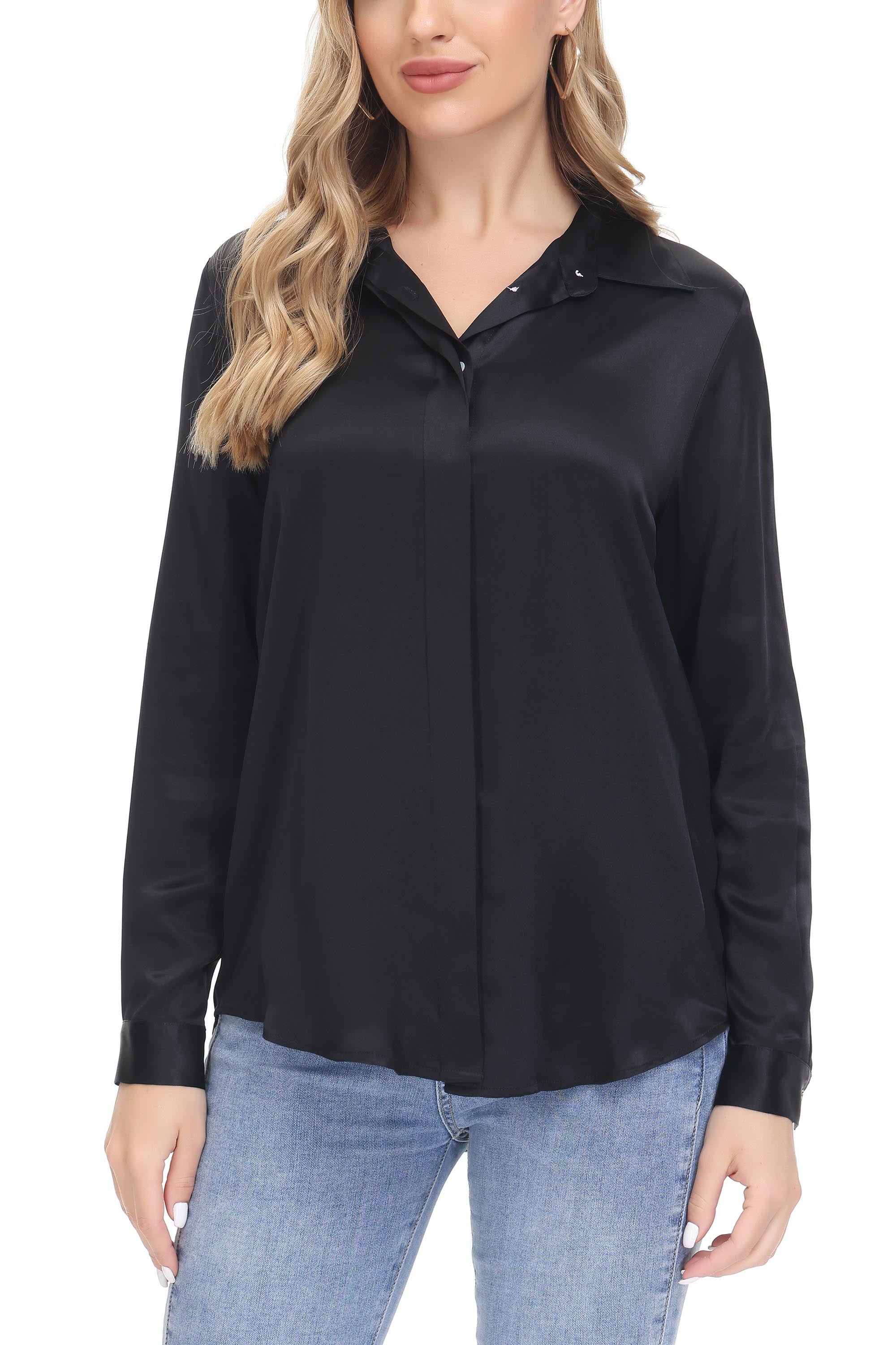 Women s Silk Blouse 100 Silk Long Sleeves Shirt Black S